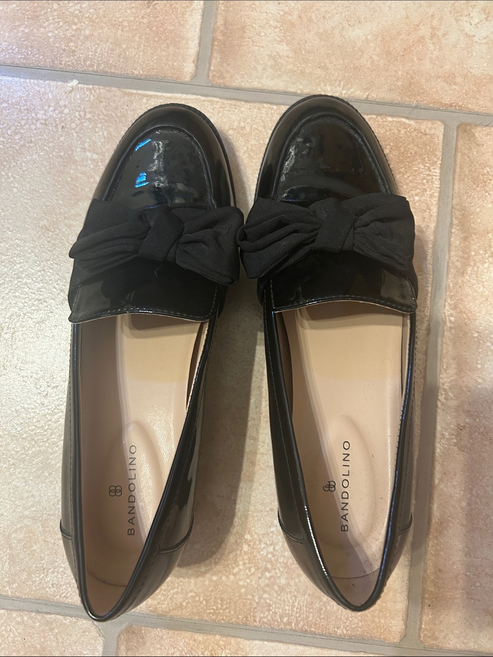 Gently worn Bandolino Black Patent Bow Loafers, size 8.5M